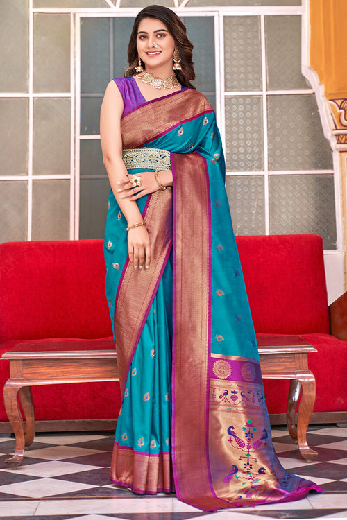 Load image into Gallery viewer, Unequalled Firozi Paithani Silk Saree With Enthralling Blouse Piece
