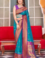 Unequalled Firozi Paithani Silk Saree With Enthralling Blouse Piece