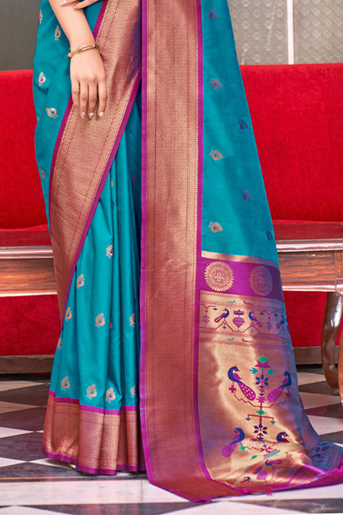 Load image into Gallery viewer, Unequalled Firozi Paithani Silk Saree With Enthralling Blouse Piece
