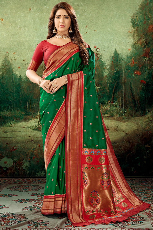 Load image into Gallery viewer, Snazzy Dark Green Paithani Silk Saree With Susurrous Blouse Piece
