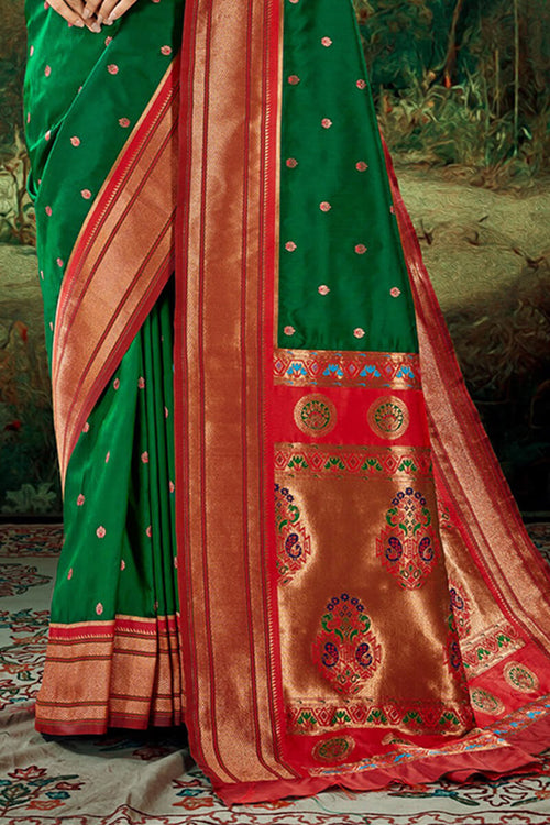 Load image into Gallery viewer, Snazzy Dark Green Paithani Silk Saree With Susurrous Blouse Piece
