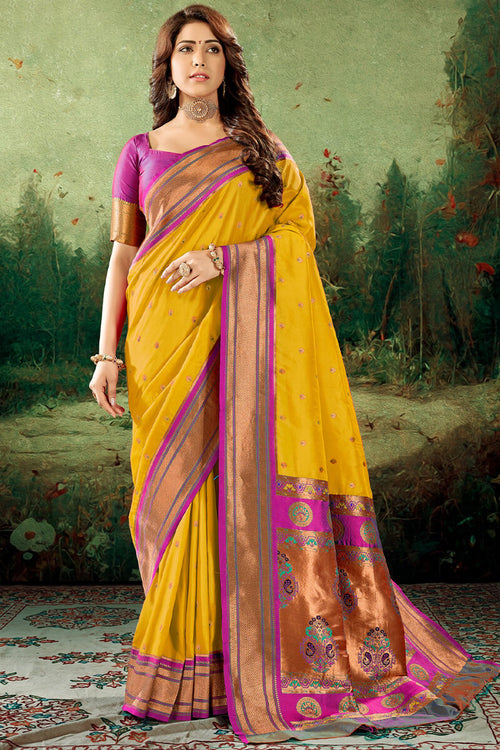 Load image into Gallery viewer, Palimpsest Yellow Paithani Silk Saree With Ephemeral Blouse Piece
