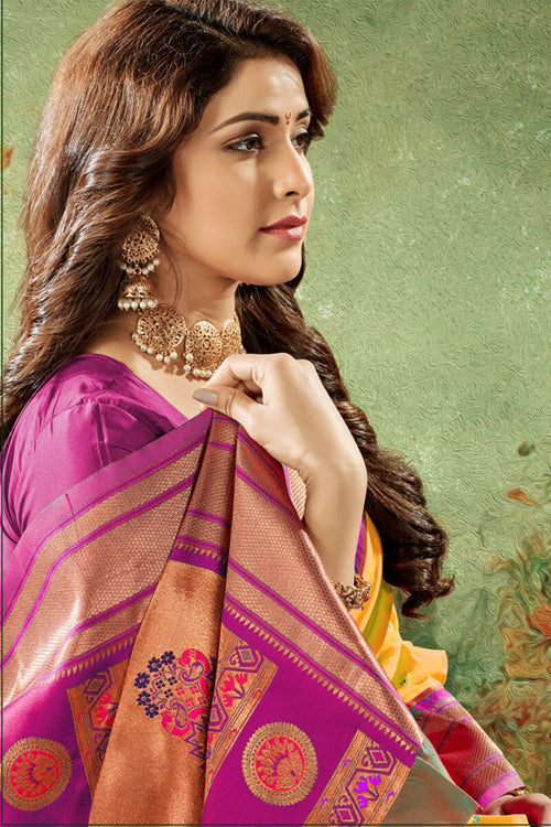 Load image into Gallery viewer, Palimpsest Yellow Paithani Silk Saree With Ephemeral Blouse Piece
