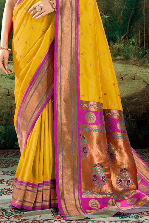 Load image into Gallery viewer, Palimpsest Yellow Paithani Silk Saree With Ephemeral Blouse Piece
