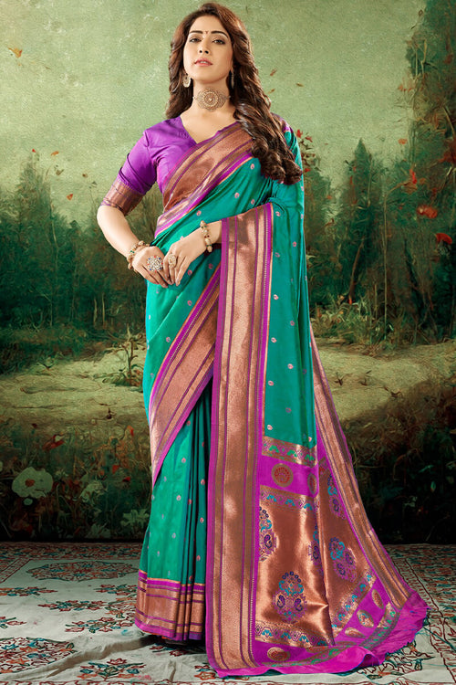 Load image into Gallery viewer, Effervescent Sea Green Paithani Silk Saree With Comely Blouse Piece
