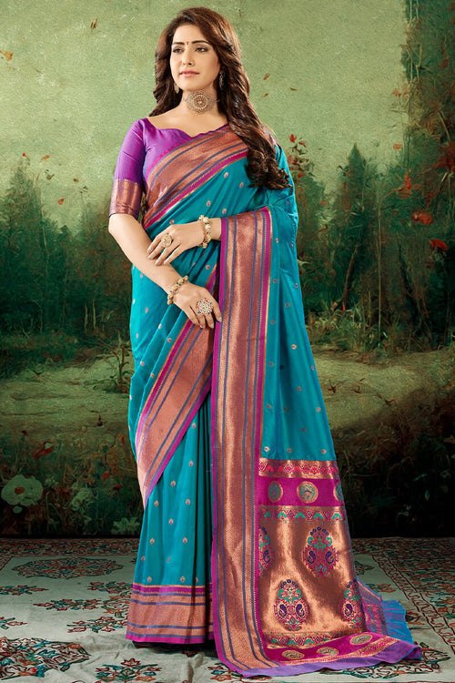 Load image into Gallery viewer, Forbearance Firozi Paithani Silk Saree With Redolent Blouse Piece
