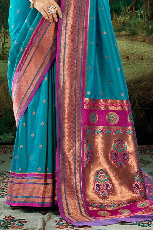 Load image into Gallery viewer, Forbearance Firozi Paithani Silk Saree With Redolent Blouse Piece
