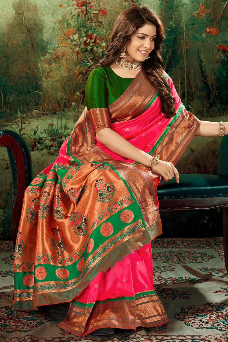 Felicitous Dark Pink Paithani Silk Saree With Fantabulous Blouse Piece