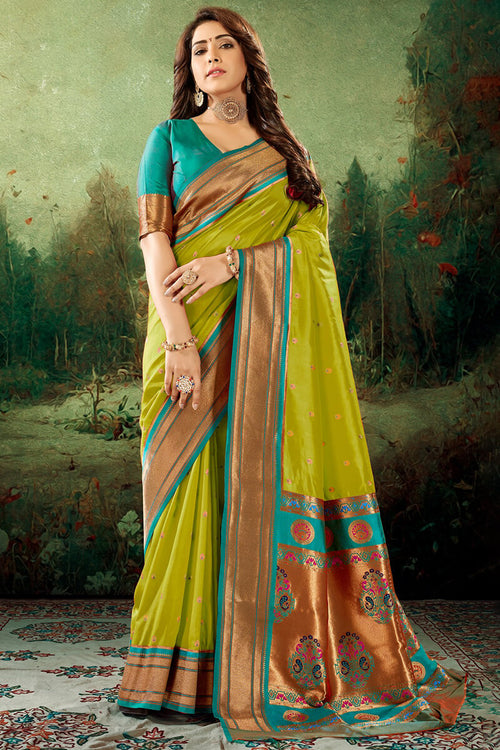 Load image into Gallery viewer, Splendorous Mehndi Paithani Silk Saree With Profuse Blouse Piece
