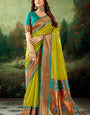 Splendorous Mehndi Paithani Silk Saree With Profuse Blouse Piece