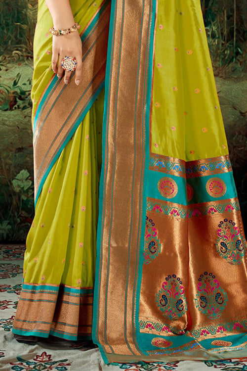 Load image into Gallery viewer, Splendorous Mehndi Paithani Silk Saree With Profuse Blouse Piece
