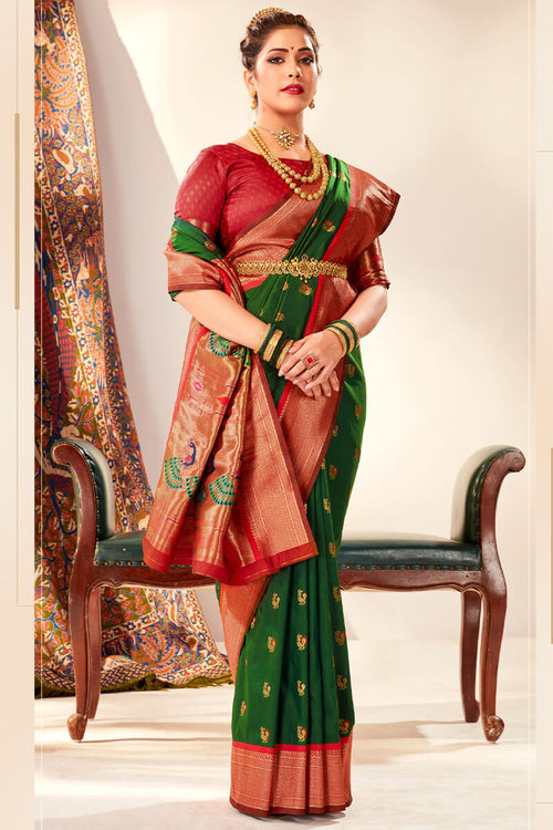 Load image into Gallery viewer, Pleasurable Dark Green Paithani Silk Saree With Snazzy Blouse Piece
