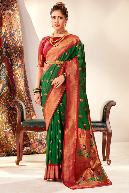 Load image into Gallery viewer, Pleasurable Dark Green Paithani Silk Saree With Snazzy Blouse Piece
