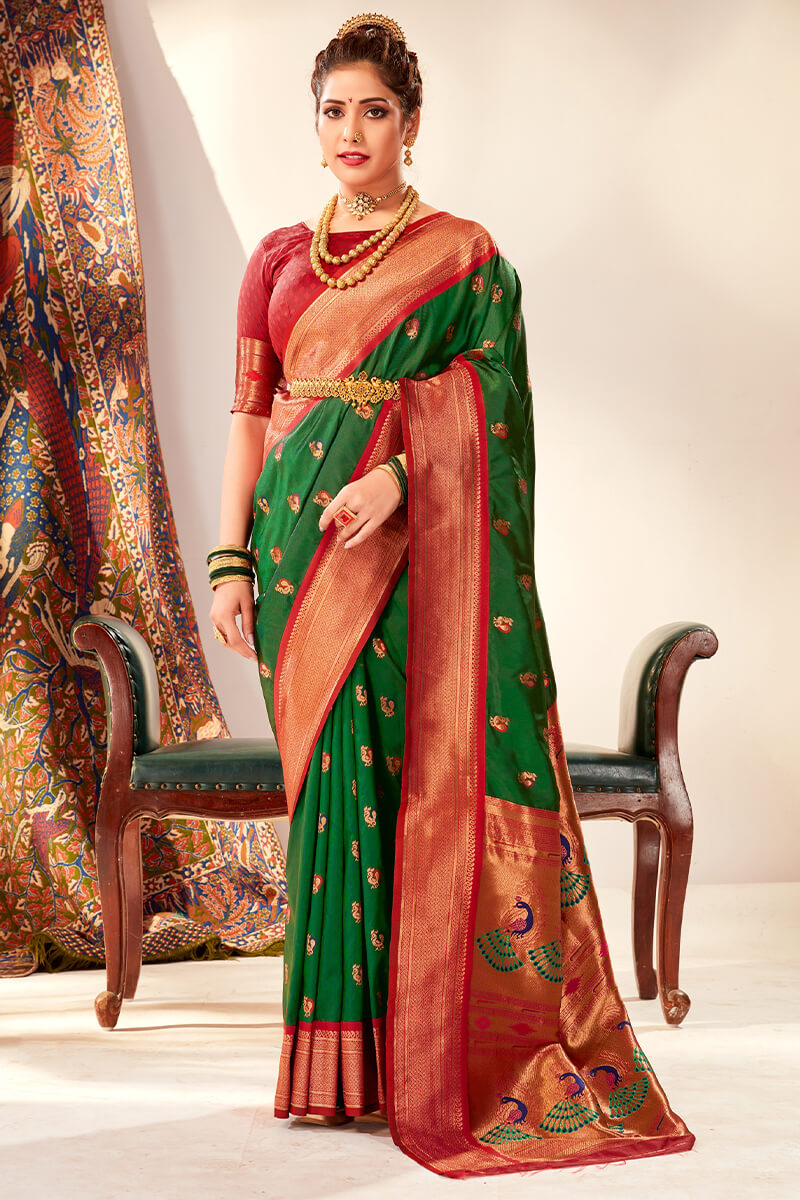 Pleasurable Dark Green Paithani Silk Saree With Snazzy Blouse Piece