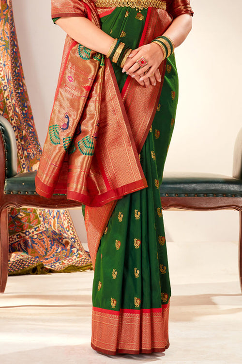 Load image into Gallery viewer, Pleasurable Dark Green Paithani Silk Saree With Snazzy Blouse Piece
