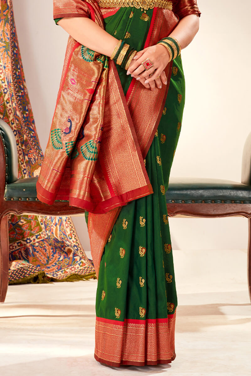 Pleasurable Dark Green Paithani Silk Saree With Snazzy Blouse Piece