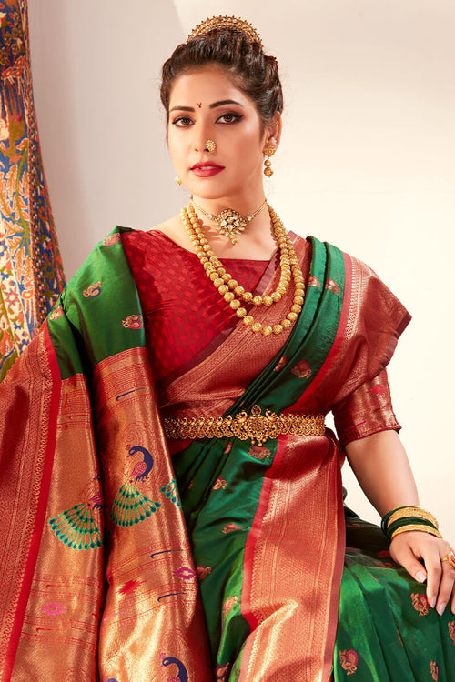 Load image into Gallery viewer, Pleasurable Dark Green Paithani Silk Saree With Snazzy Blouse Piece
