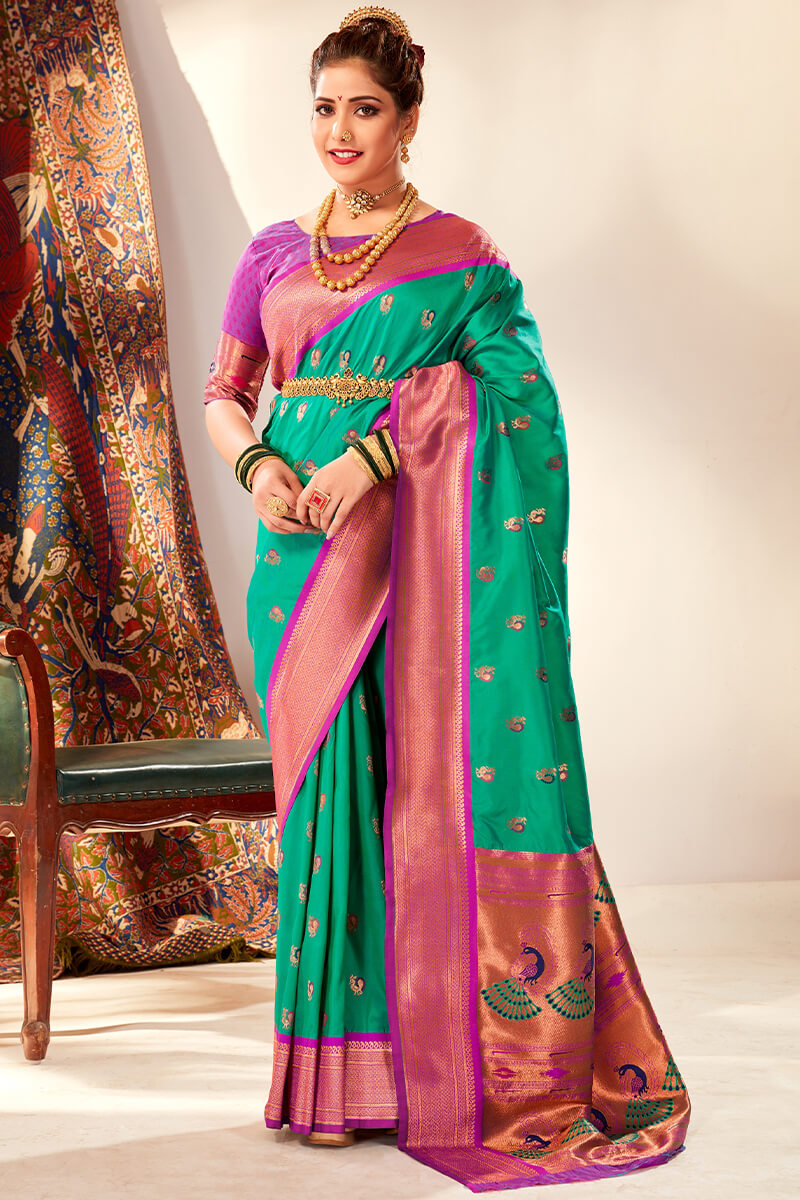 Transcendent Sea Green Paithani Silk Saree With Piquant Blouse Piece