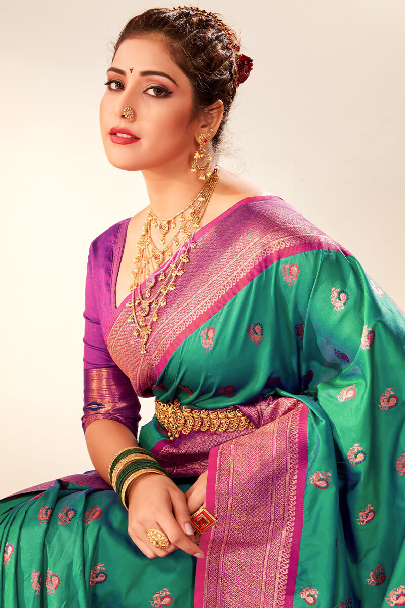 Transcendent Sea Green Paithani Silk Saree With Piquant Blouse Piece