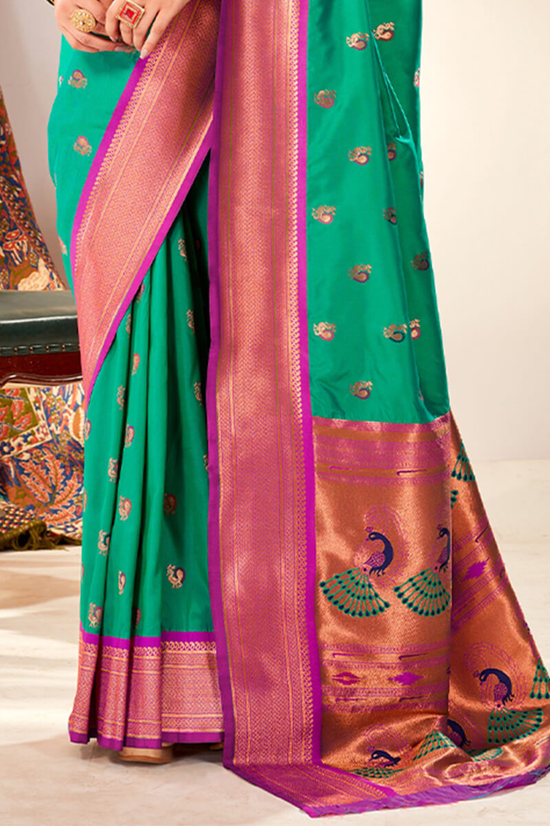 Transcendent Sea Green Paithani Silk Saree With Piquant Blouse Piece