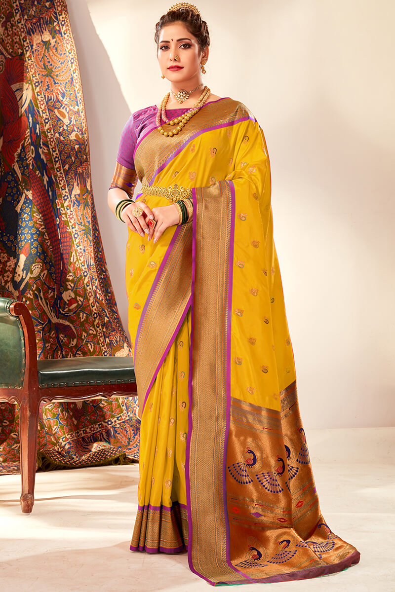 Radiant Yellow Paithani Silk Saree With Exemplary Blouse Piece