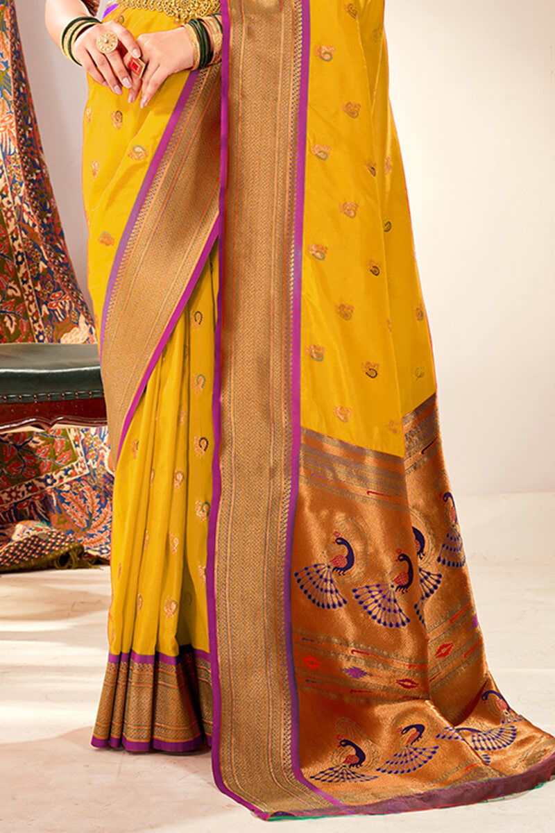 Radiant Yellow Paithani Silk Saree With Exemplary Blouse Piece