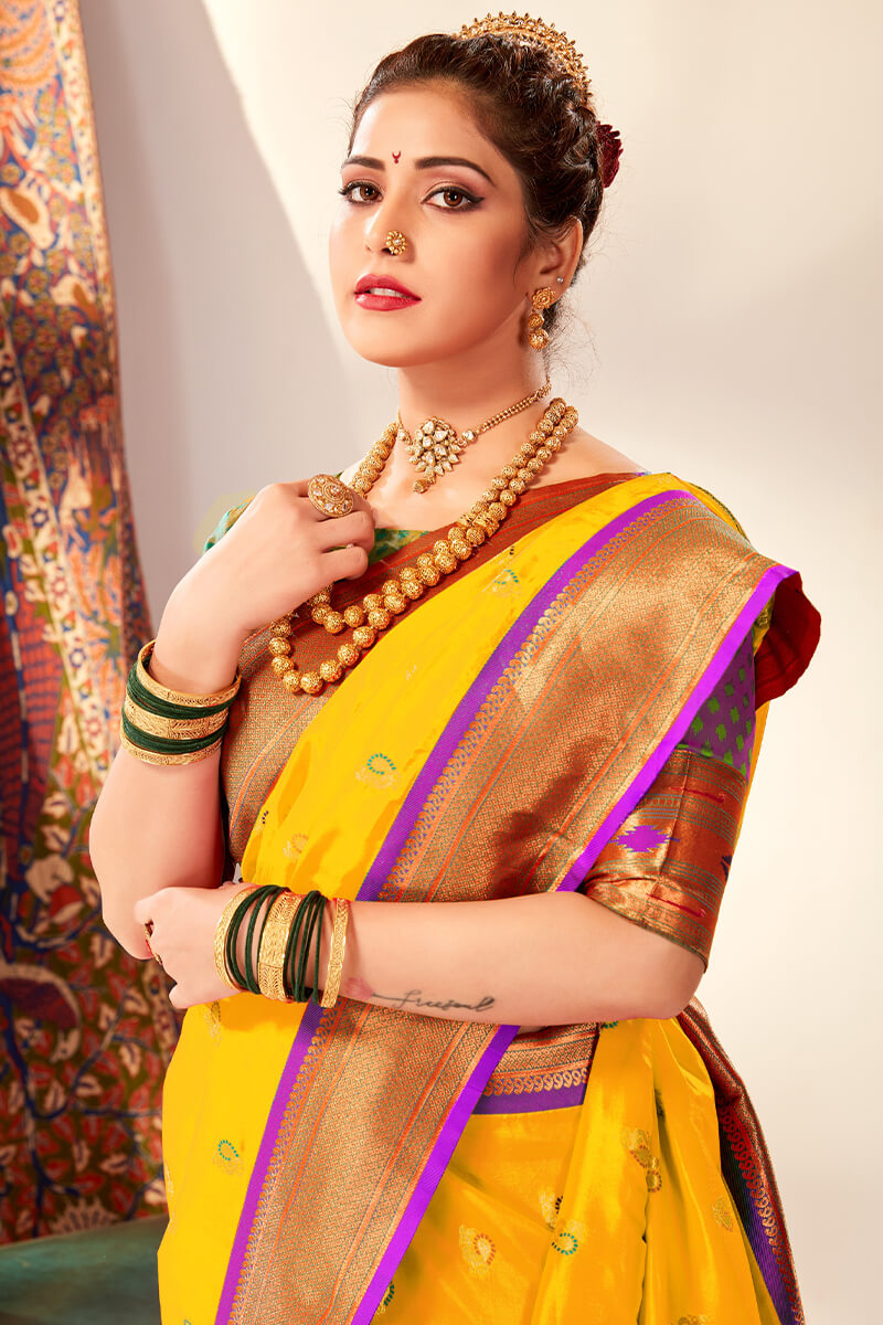 Radiant Yellow Paithani Silk Saree With Exemplary Blouse Piece