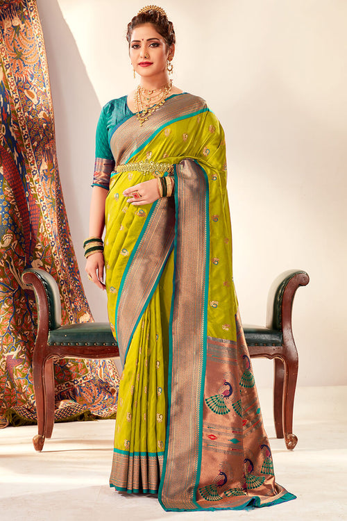 Load image into Gallery viewer, Opulent Mehndi Paithani Silk Saree With Posh Blouse Piece
