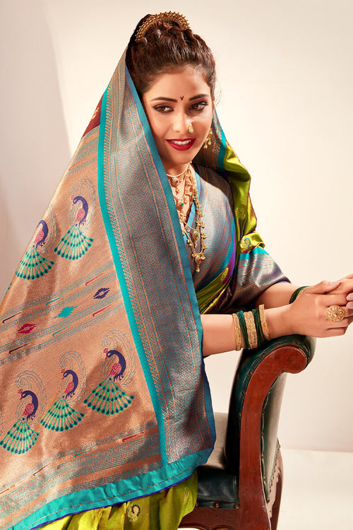 Load image into Gallery viewer, Opulent Mehndi Paithani Silk Saree With Posh Blouse Piece
