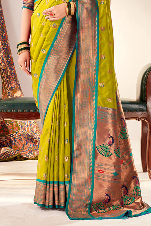 Load image into Gallery viewer, Opulent Mehndi Paithani Silk Saree With Posh Blouse Piece
