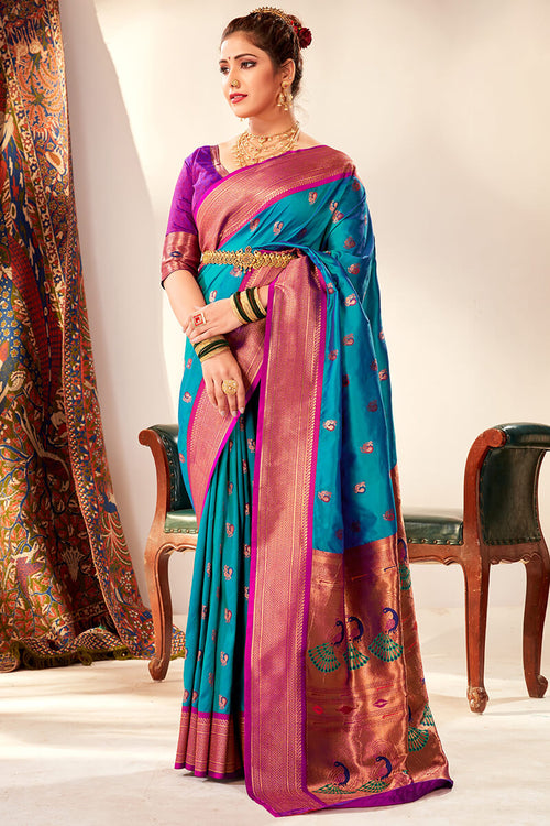 Load image into Gallery viewer, Ethereal Firozi Paithani Silk Saree With Ephemeral Blouse Piece
