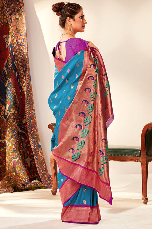 Load image into Gallery viewer, Ethereal Firozi Paithani Silk Saree With Ephemeral Blouse Piece
