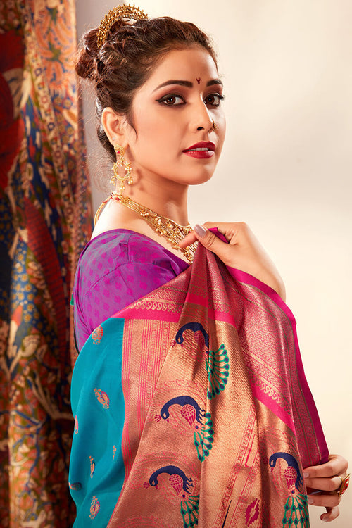 Load image into Gallery viewer, Ethereal Firozi Paithani Silk Saree With Ephemeral Blouse Piece
