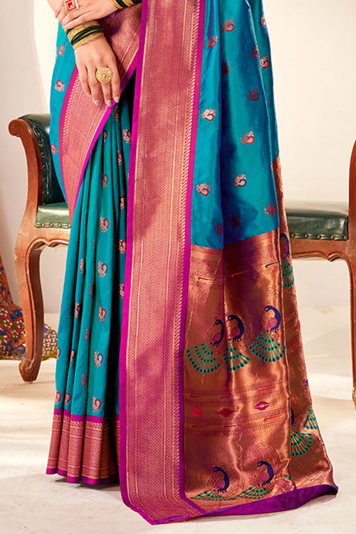 Load image into Gallery viewer, Ethereal Firozi Paithani Silk Saree With Ephemeral Blouse Piece
