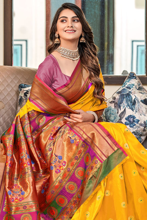 Load image into Gallery viewer, Dissemble Yellow Paithani Silk Saree With Arresting Blouse Piece
