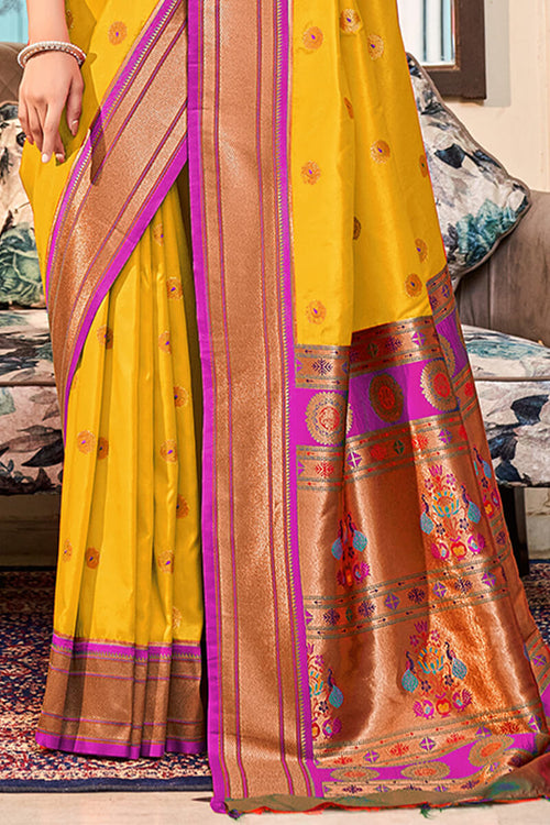 Load image into Gallery viewer, Dissemble Yellow Paithani Silk Saree With Arresting Blouse Piece
