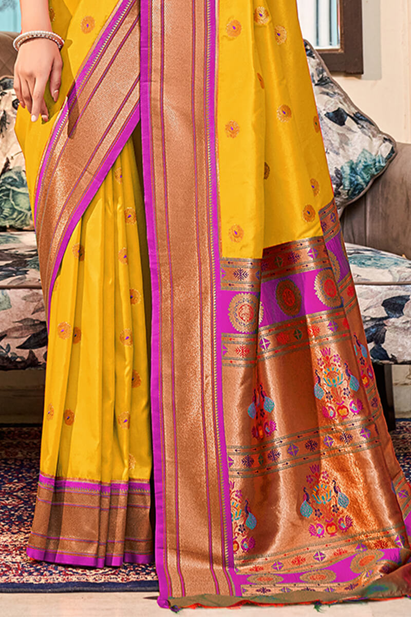 Dissemble Yellow Paithani Silk Saree With Arresting Blouse Piece