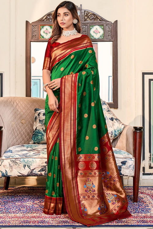 Load image into Gallery viewer, Elegant Dark Green Paithani Silk Saree With Stunning Blouse Piece
