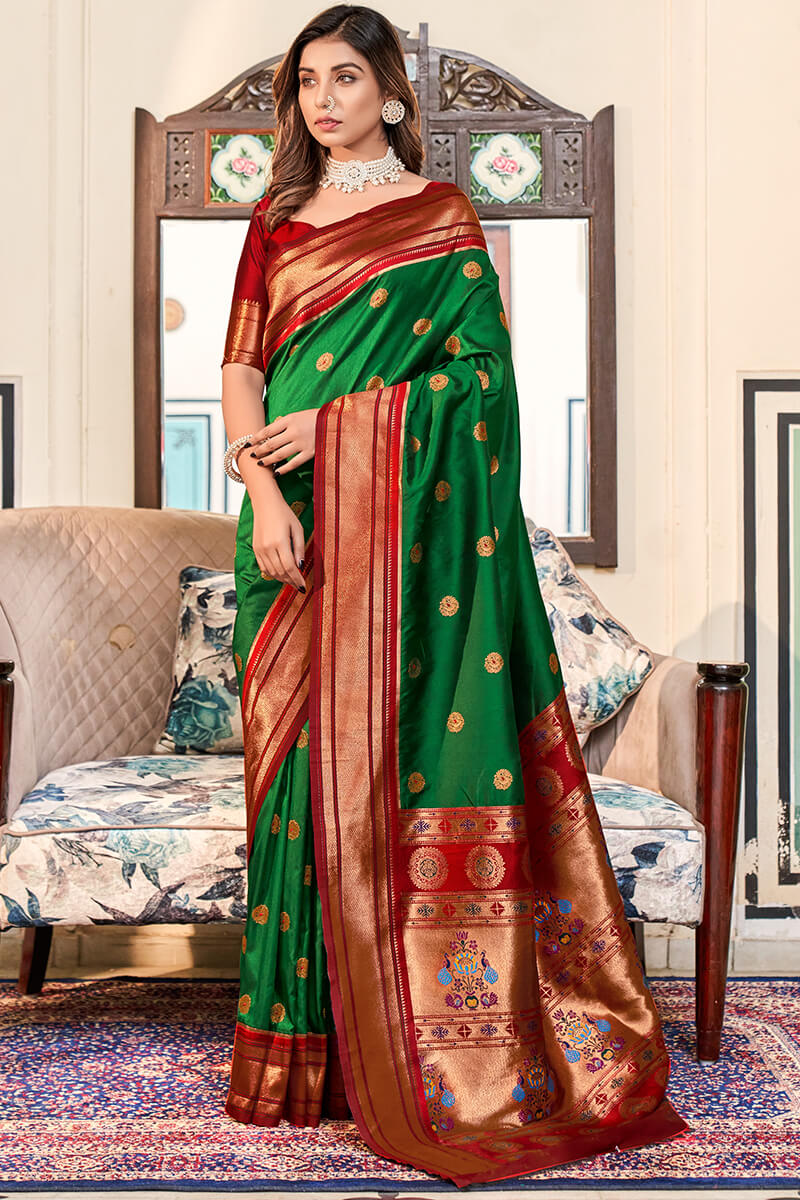 Elegant Dark Green Paithani Silk Saree With Stunning Blouse Piece