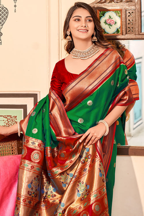 Load image into Gallery viewer, Elegant Dark Green Paithani Silk Saree With Stunning Blouse Piece
