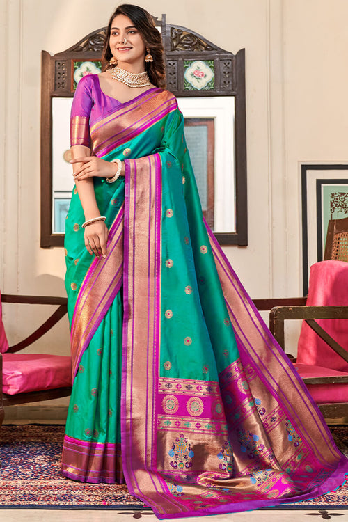 Load image into Gallery viewer, Surpassing Sea Green Paithani Silk Saree With Bewitching Blouse Piece
