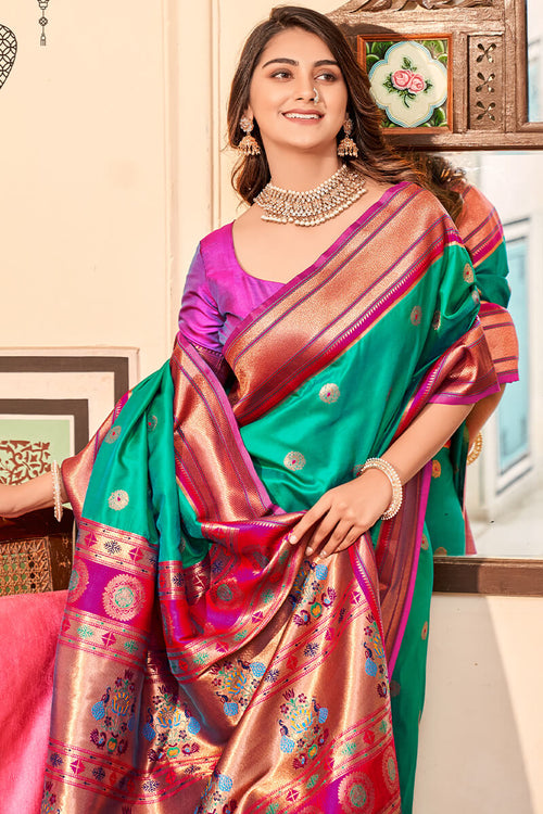 Load image into Gallery viewer, Surpassing Sea Green Paithani Silk Saree With Bewitching Blouse Piece
