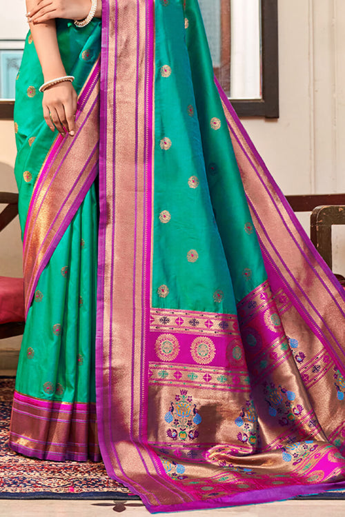 Load image into Gallery viewer, Surpassing Sea Green Paithani Silk Saree With Bewitching Blouse Piece
