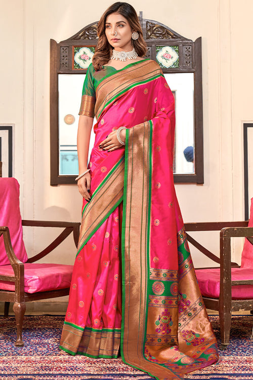 Load image into Gallery viewer, Dissemble Dark Pink Paithani Silk Saree With Redolent Blouse Piece
