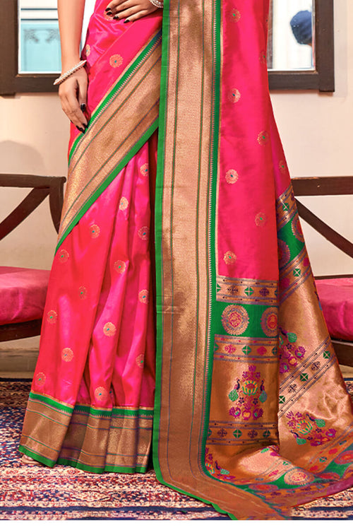 Load image into Gallery viewer, Dissemble Dark Pink Paithani Silk Saree With Redolent Blouse Piece
