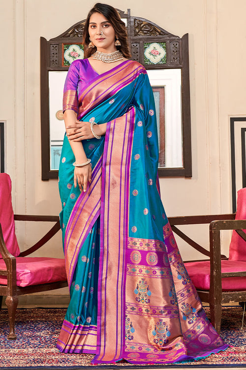 Load image into Gallery viewer, Artistic Firozi Paithani Silk Saree With Winsome Blouse Piece
