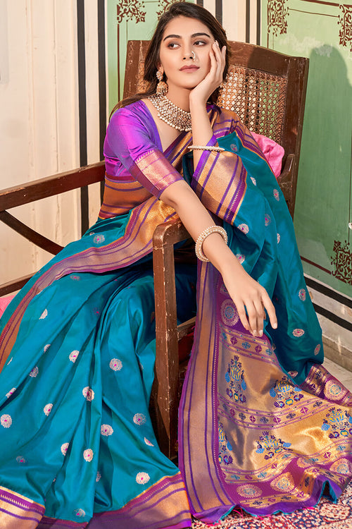 Load image into Gallery viewer, Artistic Firozi Paithani Silk Saree With Winsome Blouse Piece
