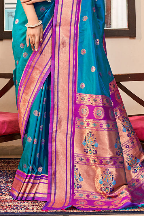 Load image into Gallery viewer, Artistic Firozi Paithani Silk Saree With Winsome Blouse Piece
