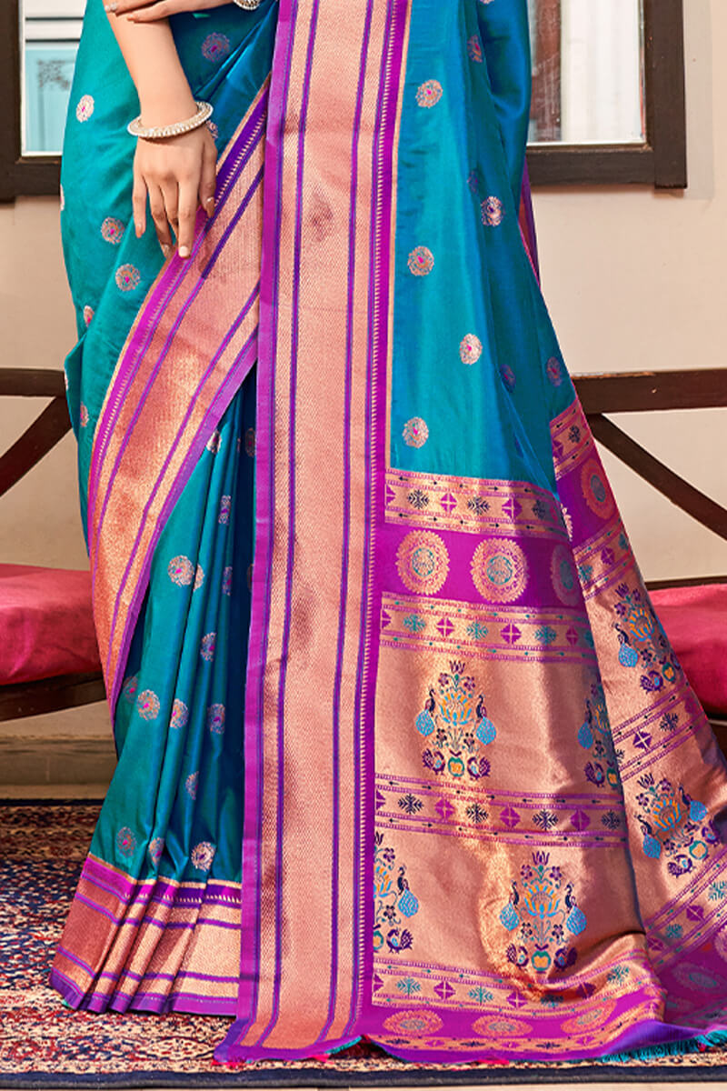 Artistic Firozi Paithani Silk Saree With Winsome Blouse Piece