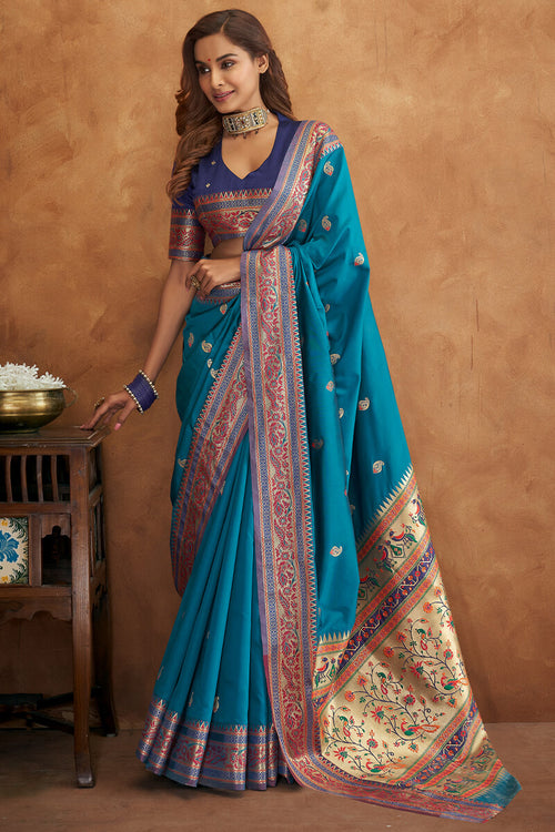 Load image into Gallery viewer, Angelic Teal Blue Soft Banarasi Silk Saree With Fairytale Blouse
